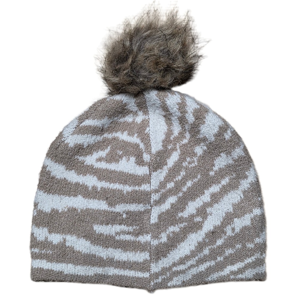Christian Siriano New York Zebra Print Beanie Women's One Size Faux Fur Pom Pom